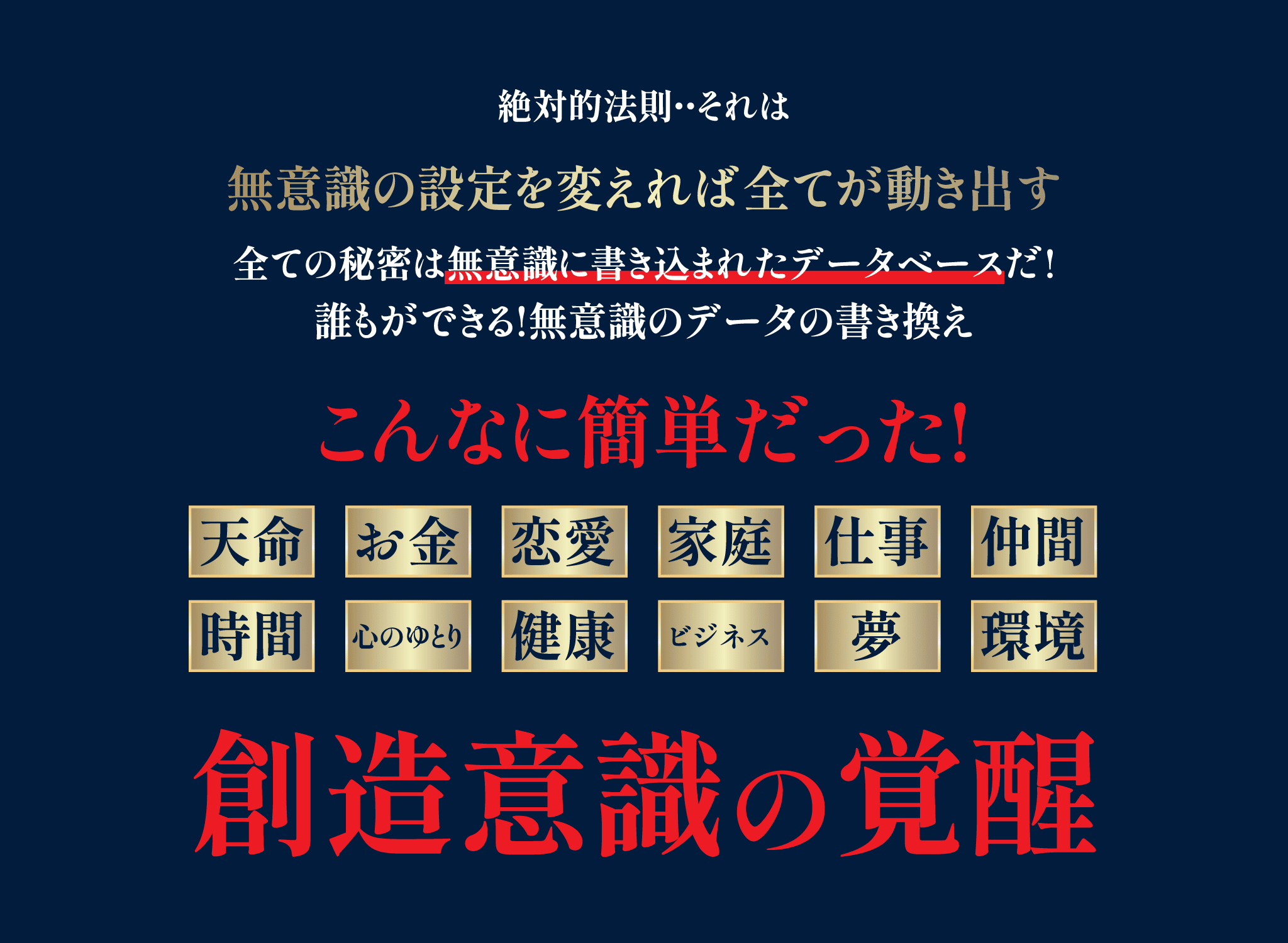 絶対的法則・・それは無意識の設定を変えれば全てが動き出す全ての秘密は無意識に書き込まれたデータベースだ!誰もができる!無意識のデータの書き換え こんなに簡単だった!