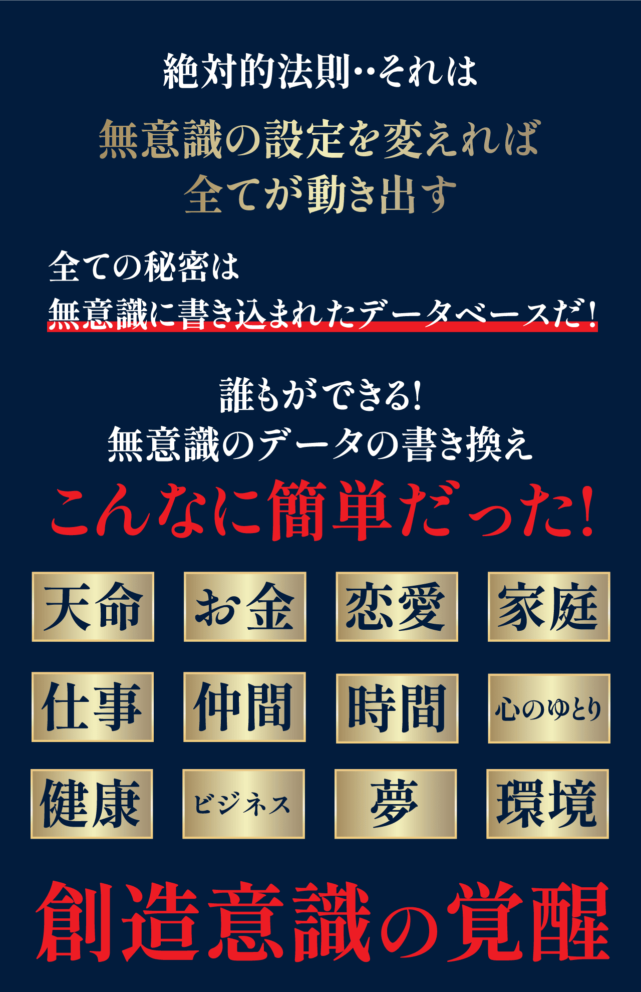 絶対的法則・・それは無意識の設定を変えれば全てが動き出す全ての秘密は無意識に書き込まれたデータベースだ!誰もができる!無意識のデータの書き換え こんなに簡単だった!